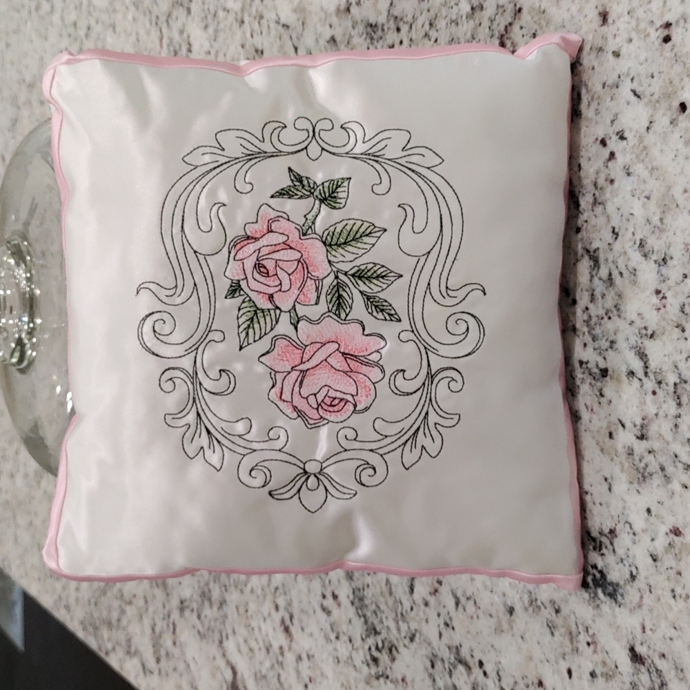 Embroidered Pink Rose Satin Pillow 11.5" x 11.5"